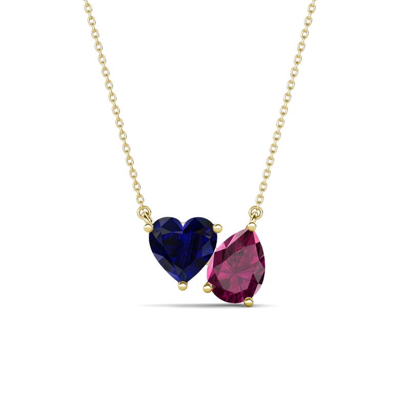Zuri 1.80 ctw Heart Shape Created Blue Sapphire with Pear Shape Rhodolite Garnet Toi Et Moi Women Pendant Necklace 