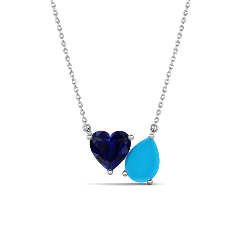 Zuri 1.25 ctw Heart Shape Created Blue Sapphire with Pear Shape Turquoise Toi Et Moi Women Pendant Necklace 