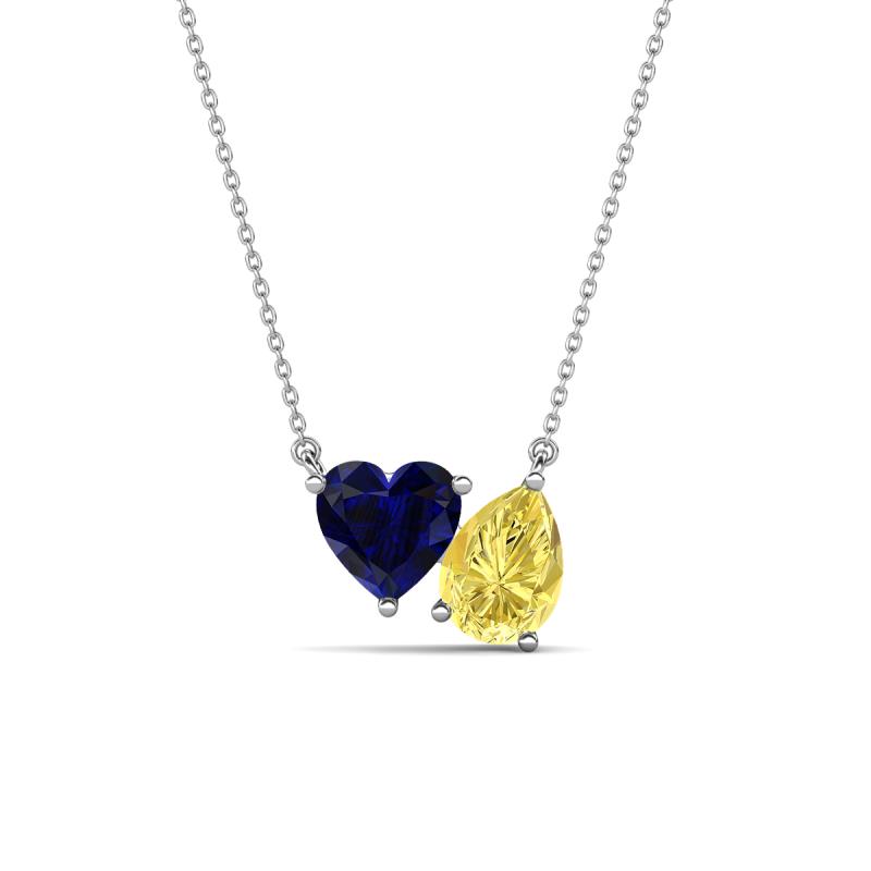 Zuri 1.80 ctw Heart Shape Created Blue Sapphire with Pear Shape Created Yellow Sapphire Toi Et Moi Women Pendant Necklace 