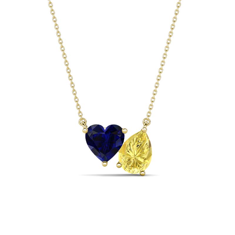 Zuri 1.80 ctw Heart Shape Created Blue Sapphire with Pear Shape Created Yellow Sapphire Toi Et Moi Women Pendant Necklace 