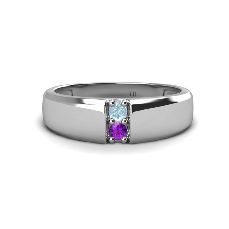 Ethan 3.00 mm Round Aquamarine and Amethyst 2 Stone Men Wedding Ring 