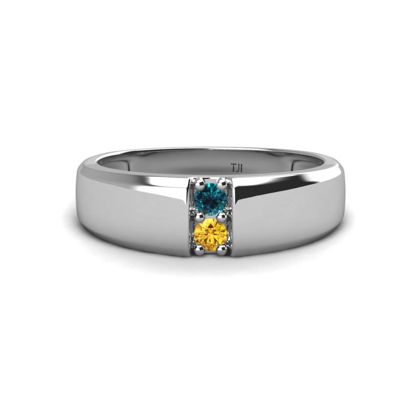 Ethan 3.00 mm Round Blue Diamond and Citrine 2 Stone Men Wedding Ring 