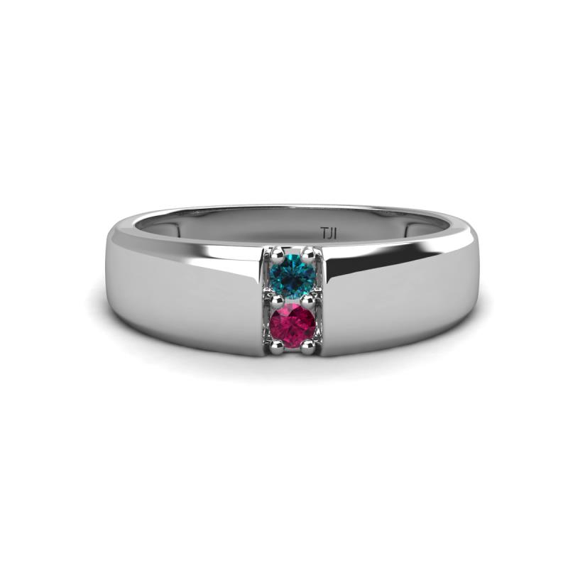 Ethan 3.00 mm Round Blue Diamond and Rhodolite Garnet 2 Stone Men Wedding Ring 