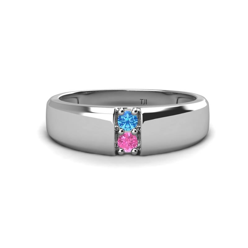 Ethan 3.00 mm Round Blue Topaz and Pink Sapphire 2 Stone Men Wedding Ring 