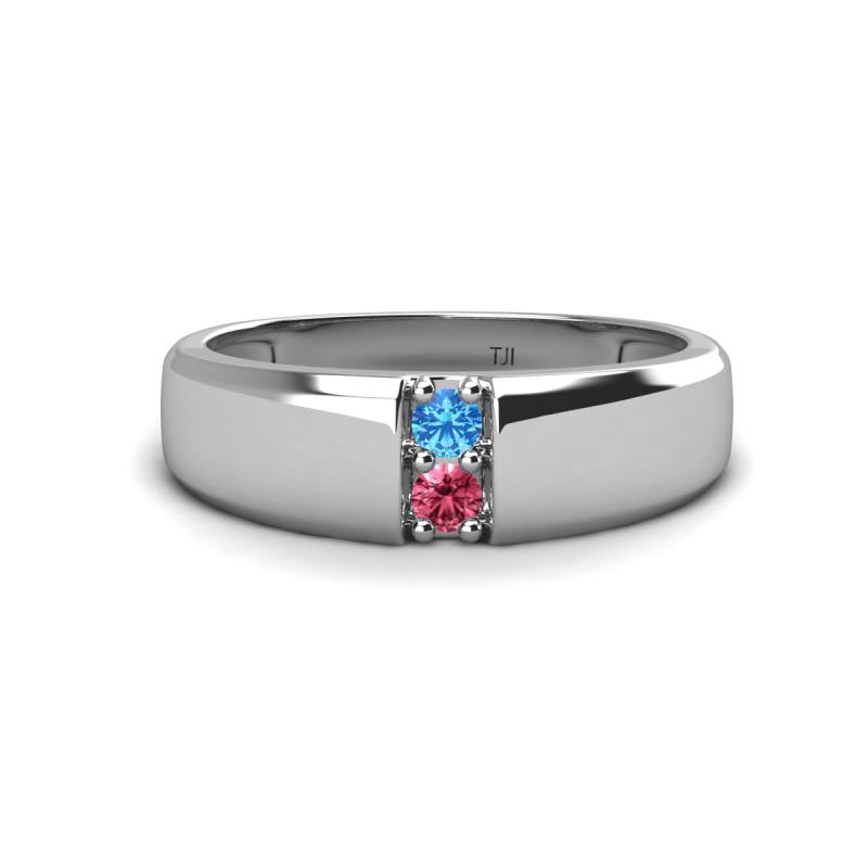 Ethan 3.00 mm Round Blue Topaz and Pink Tourmaline 2 Stone Men Wedding Ring 