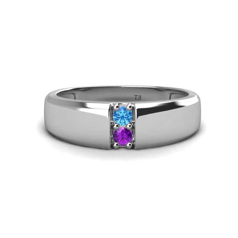 Ethan 3.00 mm Round Blue Topaz and Amethyst 2 Stone Men Wedding Ring 