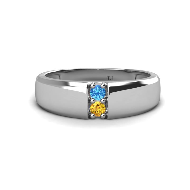 Ethan 3.00 mm Round Blue Topaz and Citrine 2 Stone Men Wedding Ring 