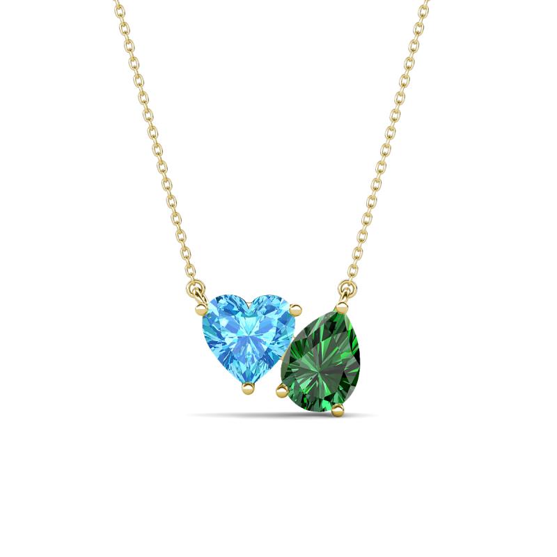 Zuri 1.80 ctw Heart Shape Blue Topaz with Pear Shape Created Emerald Toi Et Moi Women Pendant Necklace 