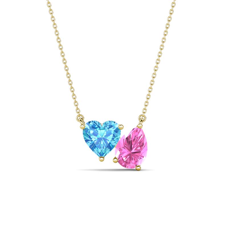 Zuri 1.90 ctw Heart Shape Blue Topaz with Pear Shape Created Pink Sapphire Toi Et Moi Women Pendant Necklace 