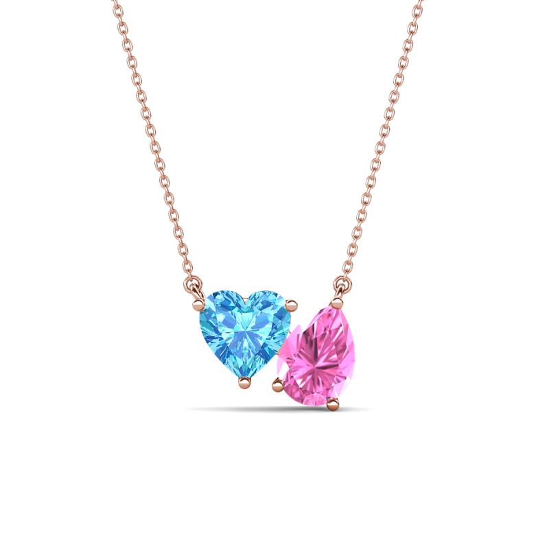 Zuri 1.90 ctw Heart Shape Blue Topaz with Pear Shape Created Pink Sapphire Toi Et Moi Women Pendant Necklace 