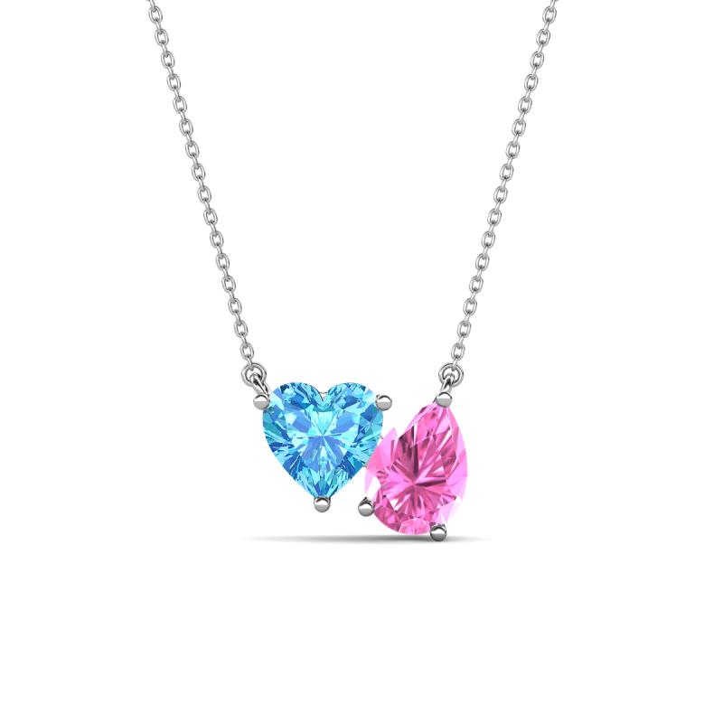 Zuri 1.90 ctw Heart Shape Blue Topaz with Pear Shape Created Pink Sapphire Toi Et Moi Women Pendant Necklace 