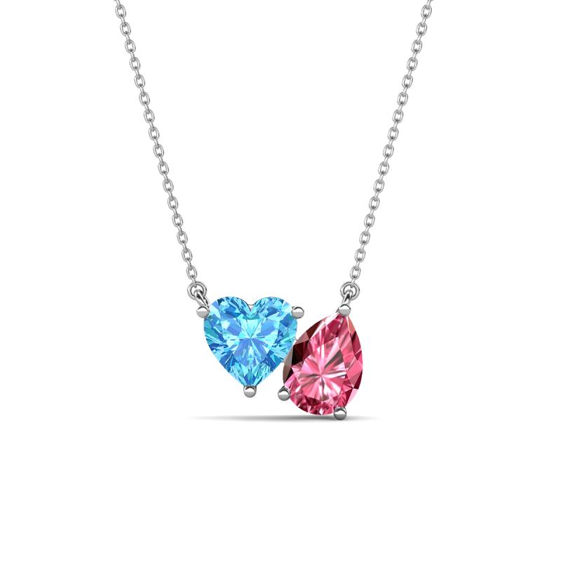 Zuri 1.70 ctw Heart Shape Blue Topaz with Pear Shape Pink Tourmaline Toi Et Moi Women Pendant Necklace 
