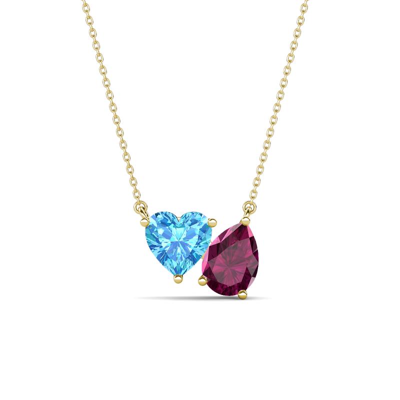 Zuri 1.90 ctw Heart Shape Blue Topaz with Pear Shape Rhodolite Garnet Toi Et Moi Women Pendant Necklace 