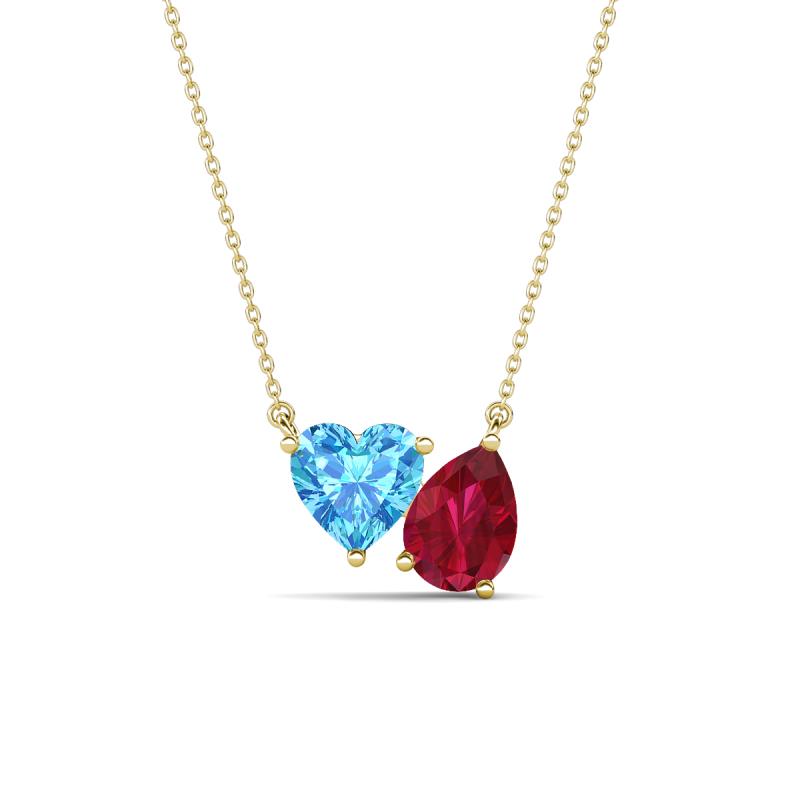 Zuri 1.95 ctw Heart Shape Blue Topaz with Pear Shape Created Ruby Toi Et Moi Women Pendant Necklace 