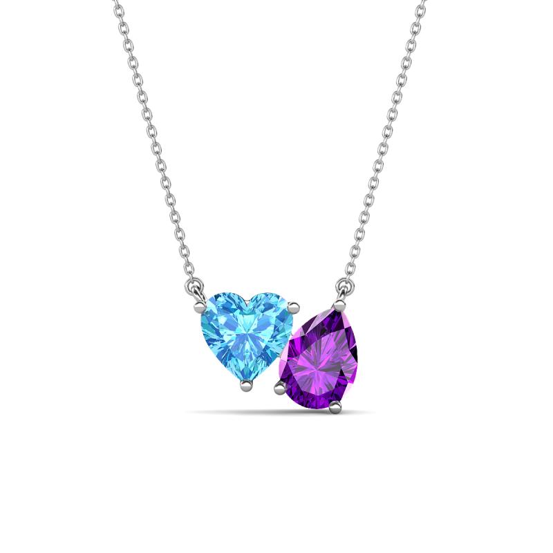 Zuri 1.65 ctw Heart Shape Blue Topaz with Pear Shape Amethyst Toi Et Moi Women Pendant Necklace 