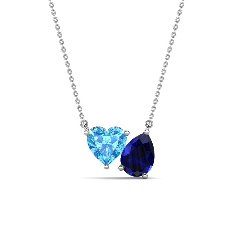 Zuri 1.90 ctw Heart Shape Blue Topaz with Pear Shape Created Blue Sapphire Toi Et Moi Women Pendant Necklace 