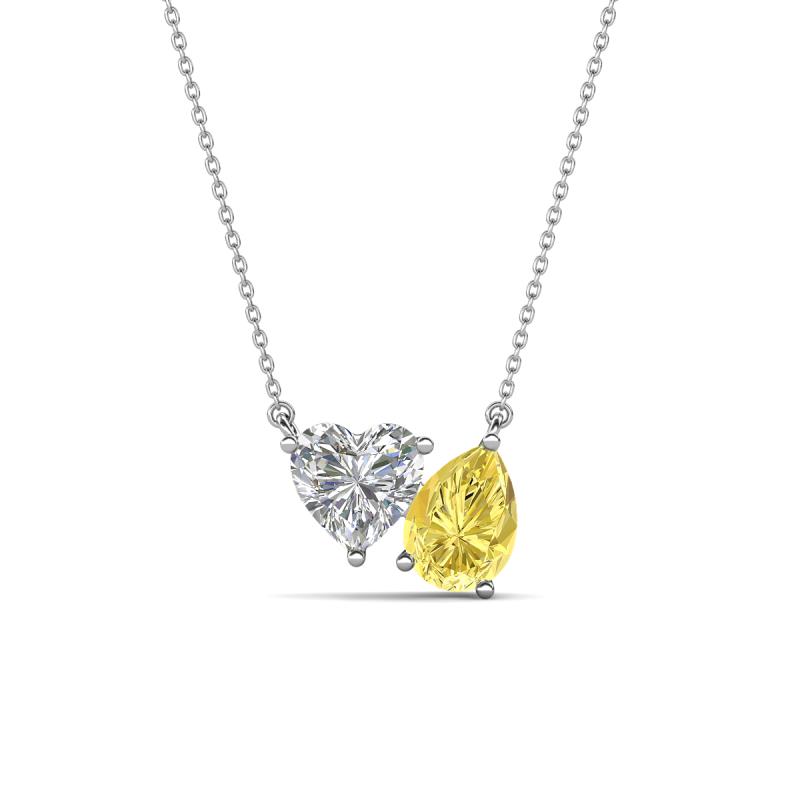Zuri 1.60 ctw Heart Shape Moissanite with Pear Shape Created Yellow Sapphire Toi Et Moi Women Pendant Necklace 