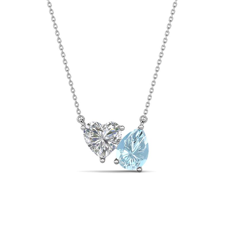 Zuri 1.30 ctw Heart Shape Moissanite with Pear Shape Aquamarine Toi Et Moi Women Pendant Necklace 