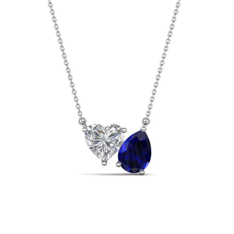 Zuri 1.60 ctw Heart Shape Moissanite with Pear Shape Created Blue Sapphire Toi Et Moi Women Pendant Necklace 
