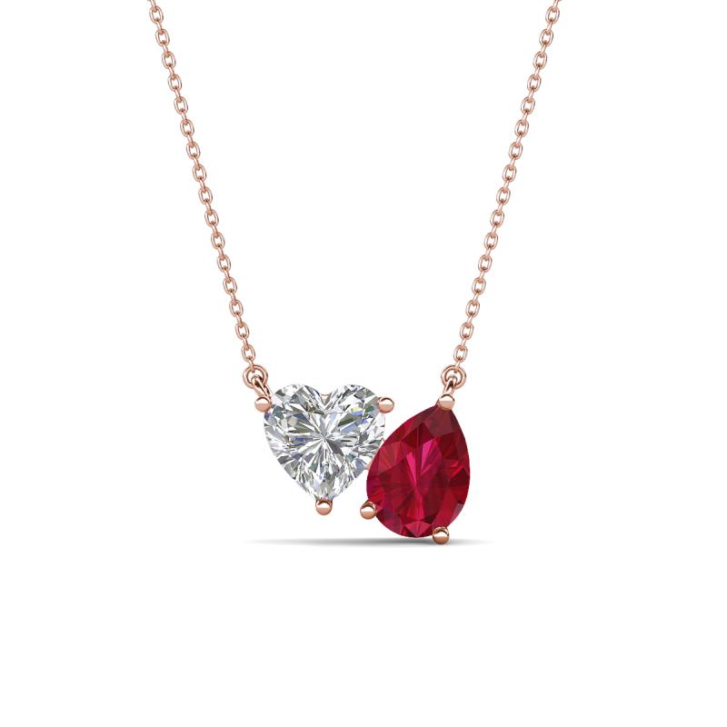 Zuri 1.65 ctw Heart Shape Moissanite with Pear Shape Created Ruby Toi Et Moi Women Pendant Necklace 