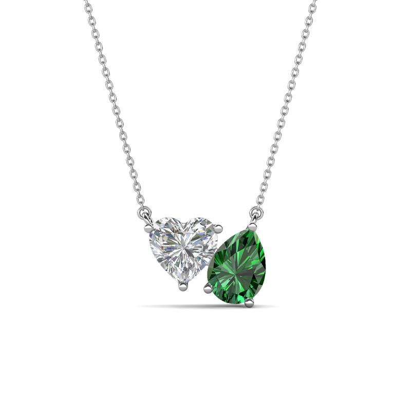 Zuri 1.50 ctw Heart Shape Moissanite with Pear Shape Created Emerald Toi Et Moi Women Pendant Necklace 