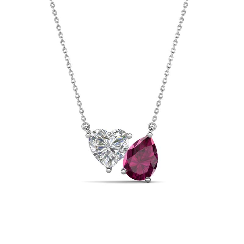 Zuri 1.75 ctw Heart Shape IGI Cert. Lab Grown Diamond with Pear Shape Rhodolite Garnet Toi Et Moi Women Pendant Necklace 