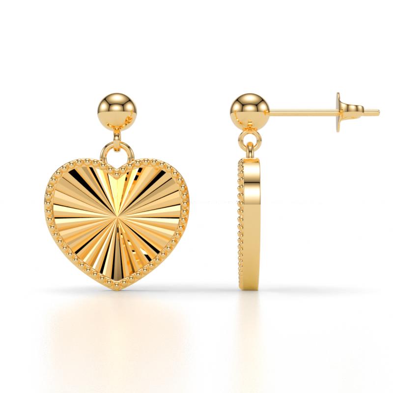 Zula Radiant Fluted Heart Drop Earrings with Milgrain Edge in 14K Solid Gold 