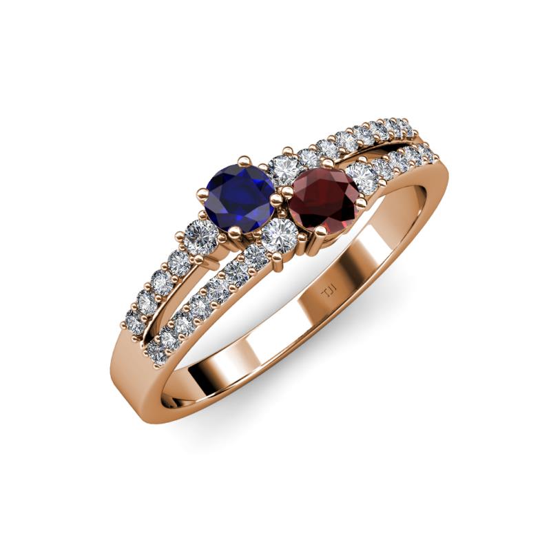 Zaira Blue Sapphire and Red Garnet with Side Diamonds Split Shank Ring 