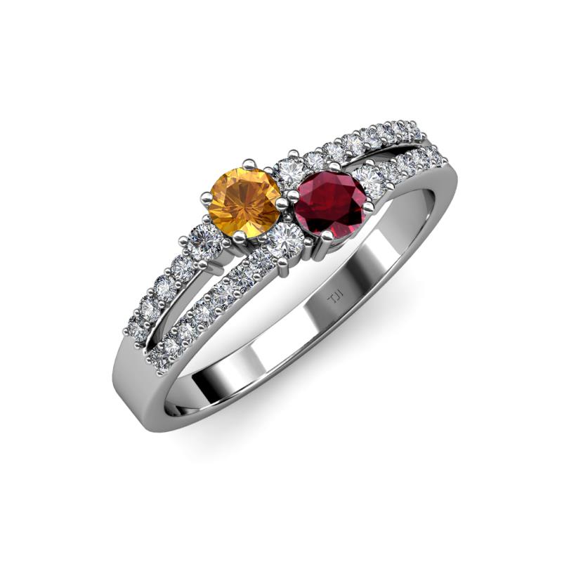Zaira Citrine and Ruby with Side Diamonds Split Shank Ring 