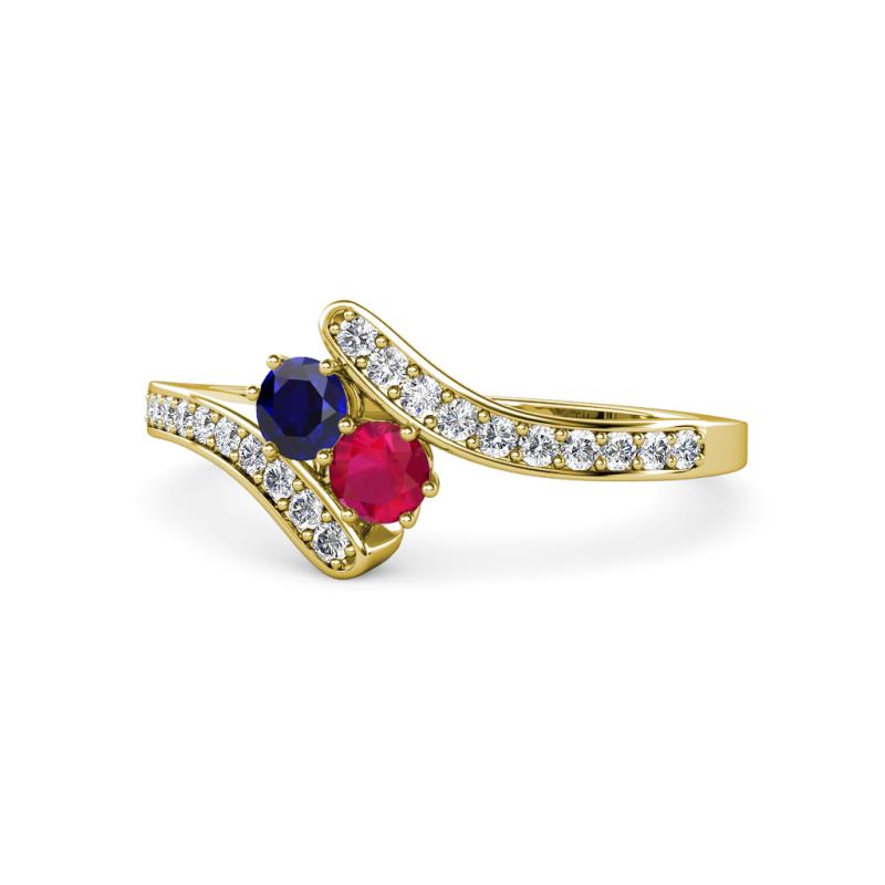 Eleni Blue Sapphire and Ruby with Side Diamonds Bypass Ring 