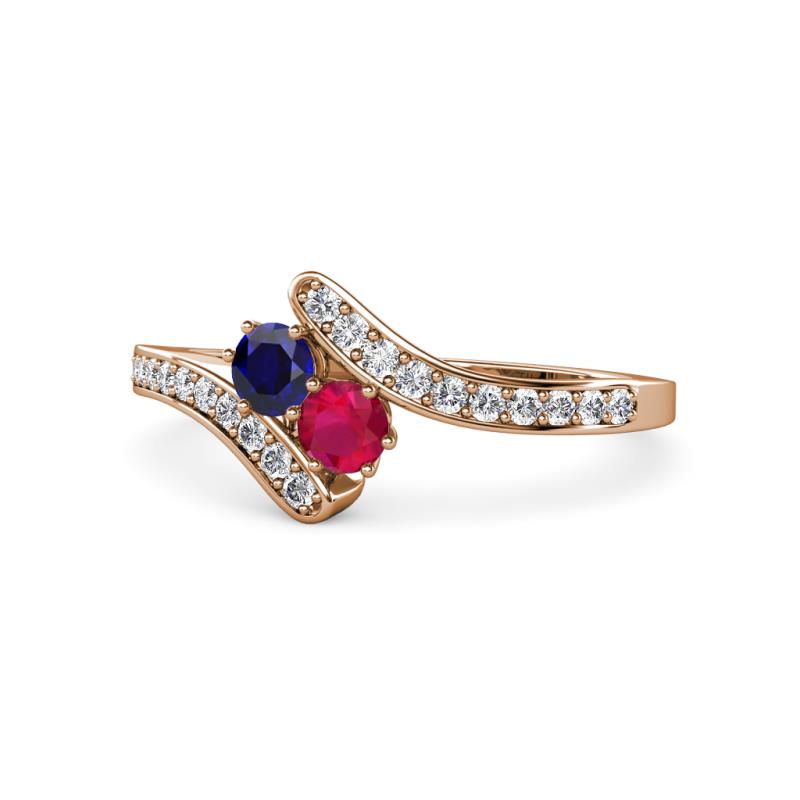 Eleni Blue Sapphire and Ruby with Side Diamonds Bypass Ring 