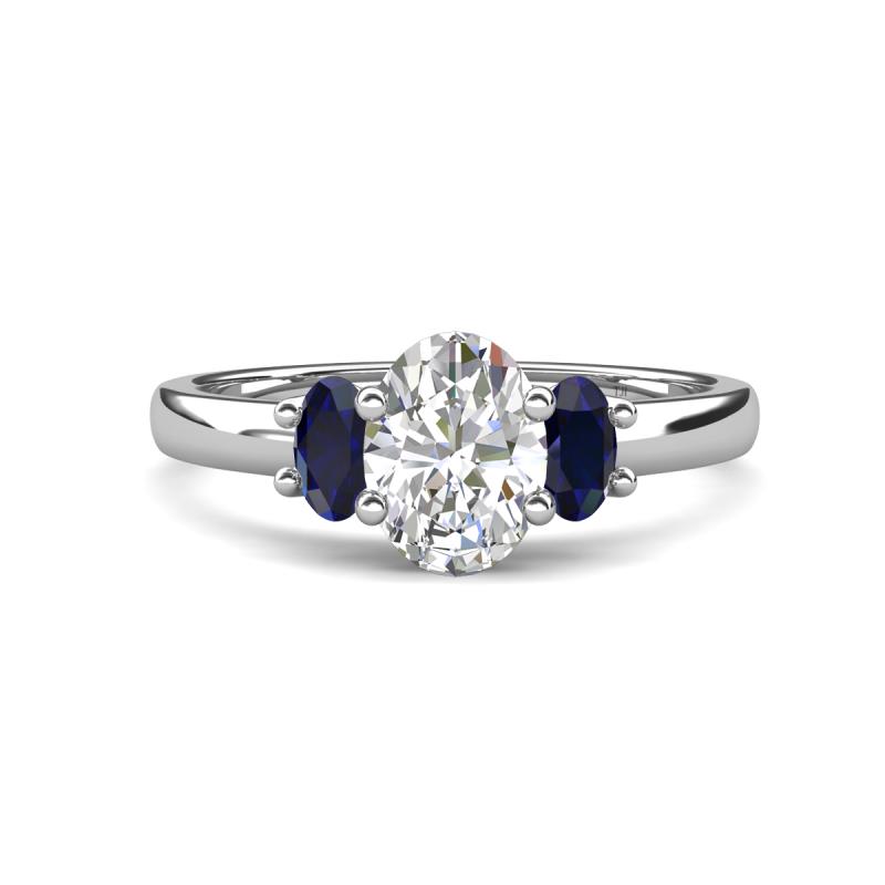 Gemma 8x6 mm Oval Cut GIA Certified Natural Diamond and Blue Sapphire Trellis Three Stone Engagement Ring 