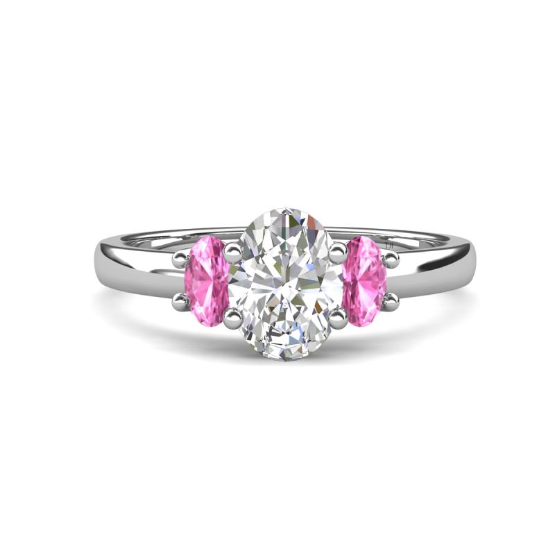 Gemma 8x6 mm Oval Cut GIA Certified Natural Diamond and Pink Sapphire Trellis Three Stone Engagement Ring 