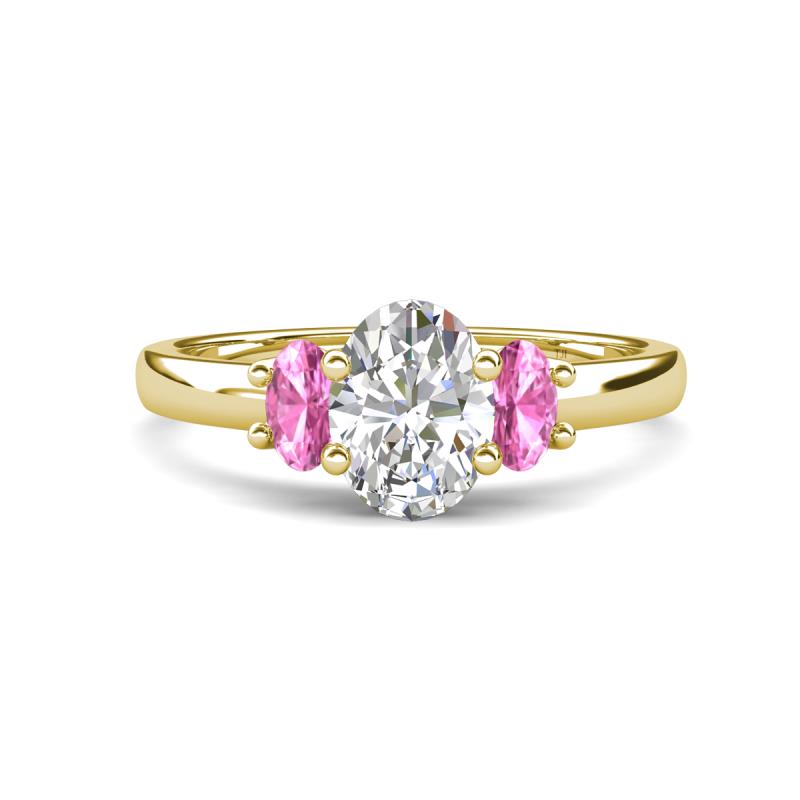Gemma 8x6 mm Oval Cut GIA Certified Natural Diamond and Pink Sapphire Trellis Three Stone Engagement Ring 