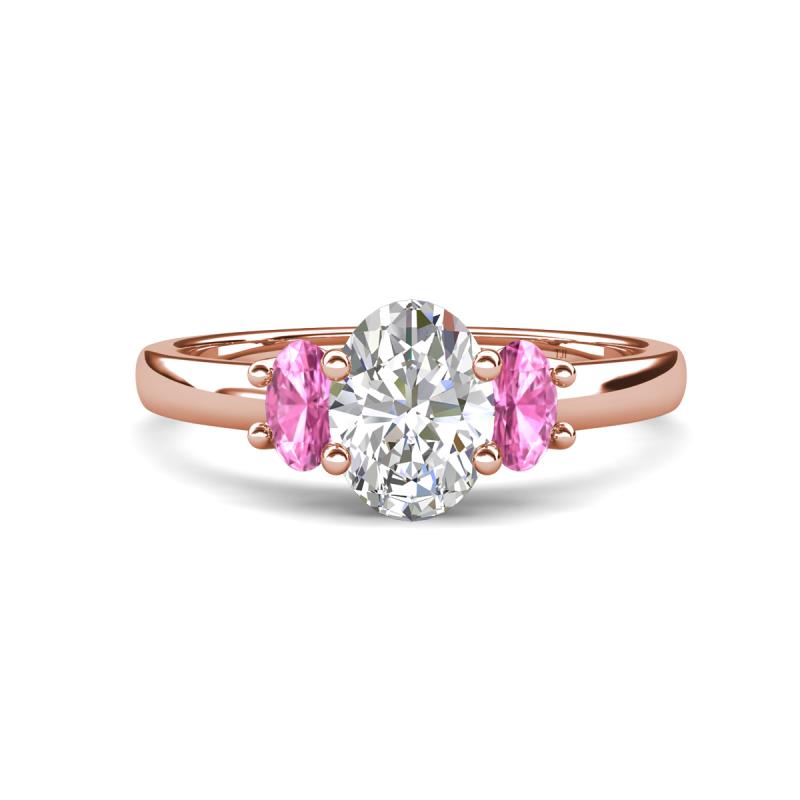 Gemma 8x6 mm Oval Cut GIA Certified Natural Diamond and Pink Sapphire Trellis Three Stone Engagement Ring 