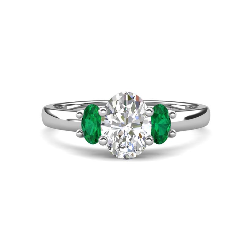 Gemma 8x6 mm Oval Cut GIA Certified Natural Diamond and Emerald Trellis Three Stone Engagement Ring 