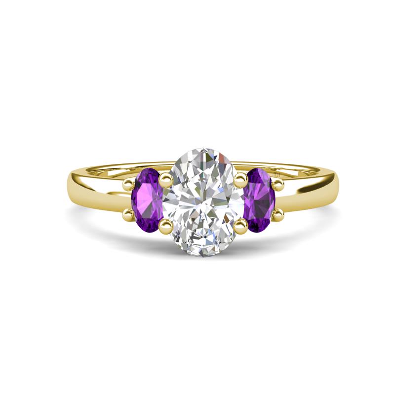 Gemma 8x6 mm Oval Cut GIA Certified Natural Diamond and Amethyst Trellis Three Stone Engagement Ring 