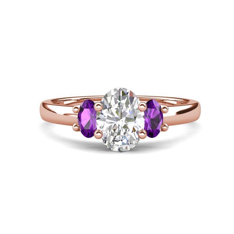 Gemma 8x6 mm Oval Cut GIA Certified Natural Diamond and Amethyst Trellis Three Stone Engagement Ring 