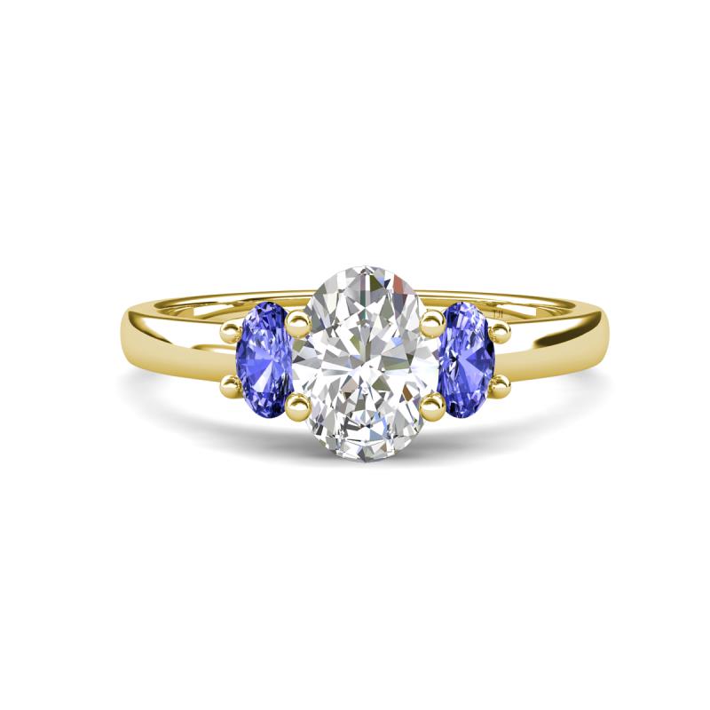 Gemma 8x6 mm Oval Cut GIA Certified Natural Diamond and Tanzanite Trellis Three Stone Engagement Ring 