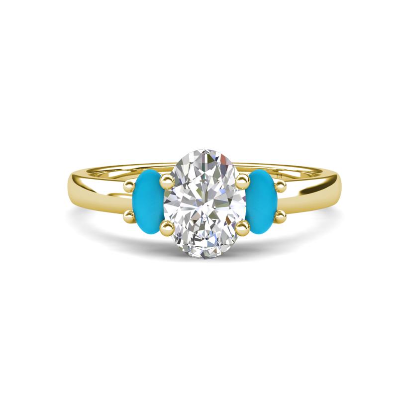 Gemma 8x6 mm Oval Cut GIA Certified Natural Diamond and Turquoise Trellis Three Stone Engagement Ring 