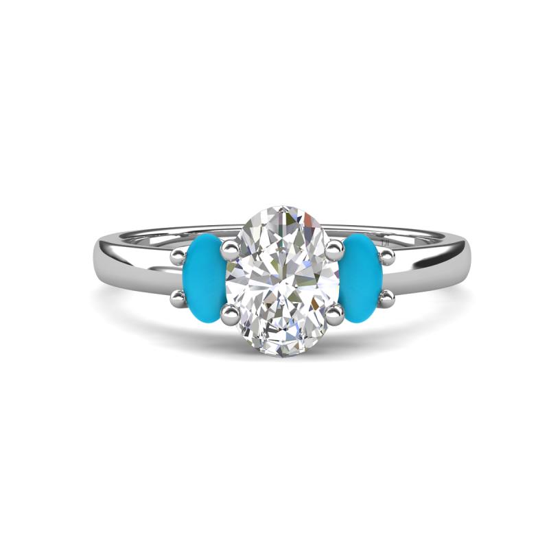 Gemma 8x6 mm Oval Cut GIA Certified Natural Diamond and Turquoise Trellis Three Stone Engagement Ring 