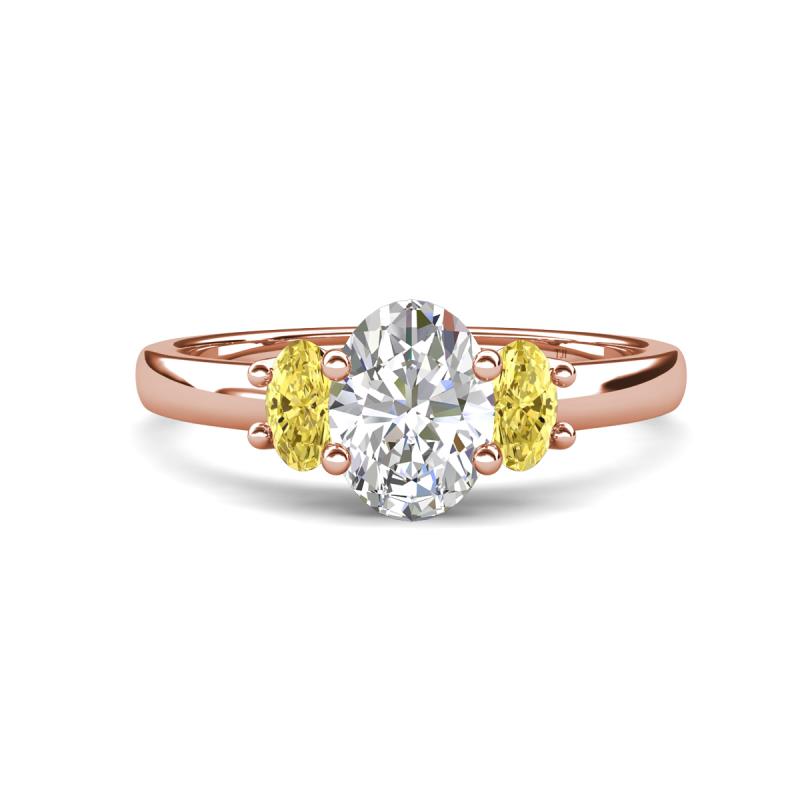 Gemma 8x6 mm Oval Cut GIA Certified Natural Diamond and Yellow Sapphire Trellis Three Stone Engagement Ring 
