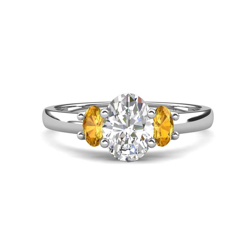 Gemma 8x6 mm Oval Cut GIA Certified Natural Diamond and Citrine Trellis Three Stone Engagement Ring 
