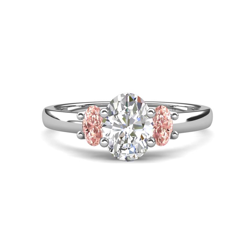 Gemma 8x6 mm Oval Cut GIA Certified Natural Diamond and Morganite Trellis Three Stone Engagement Ring 