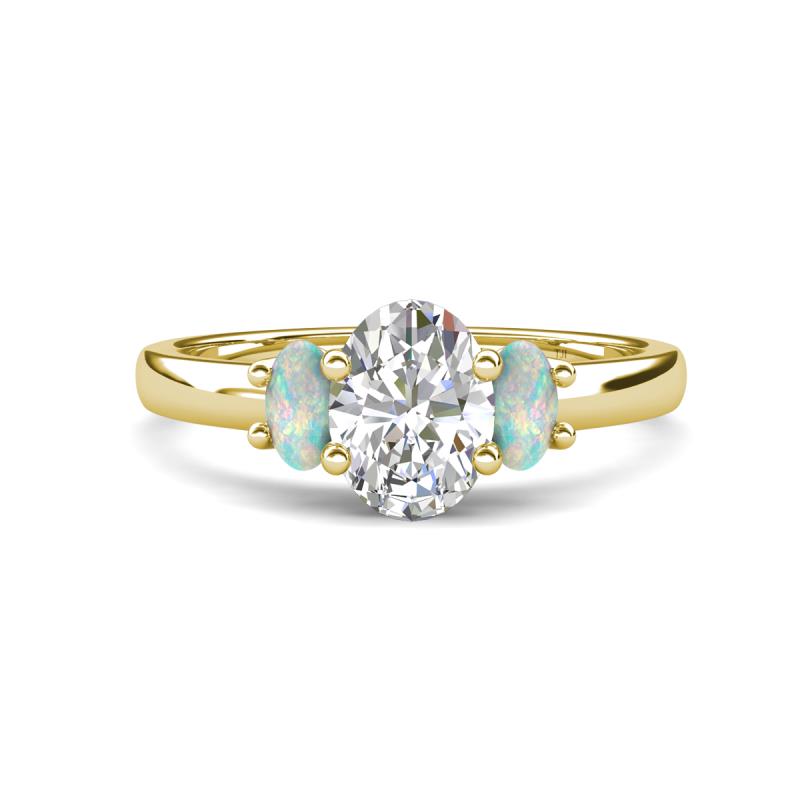 Gemma 8x6 mm Oval Cut GIA Certified Natural Diamond and Opal Trellis Three Stone Engagement Ring 