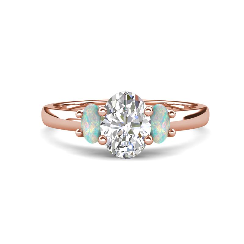Gemma 8x6 mm Oval Cut GIA Certified Natural Diamond and Opal Trellis Three Stone Engagement Ring 