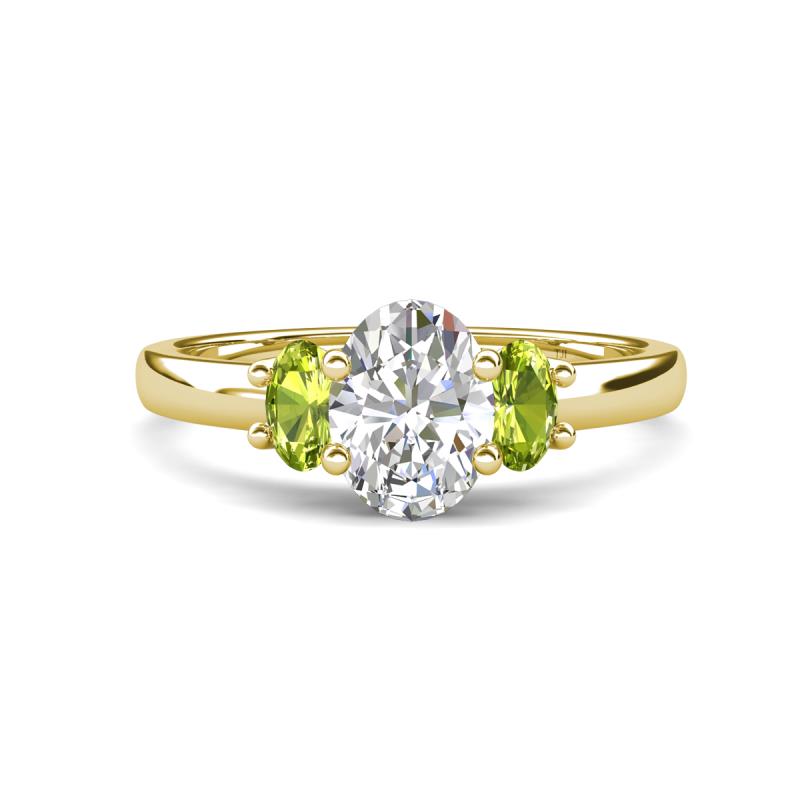 Gemma 8x6 mm Oval Cut GIA Certified Natural Diamond and Peridot Trellis Three Stone Engagement Ring 