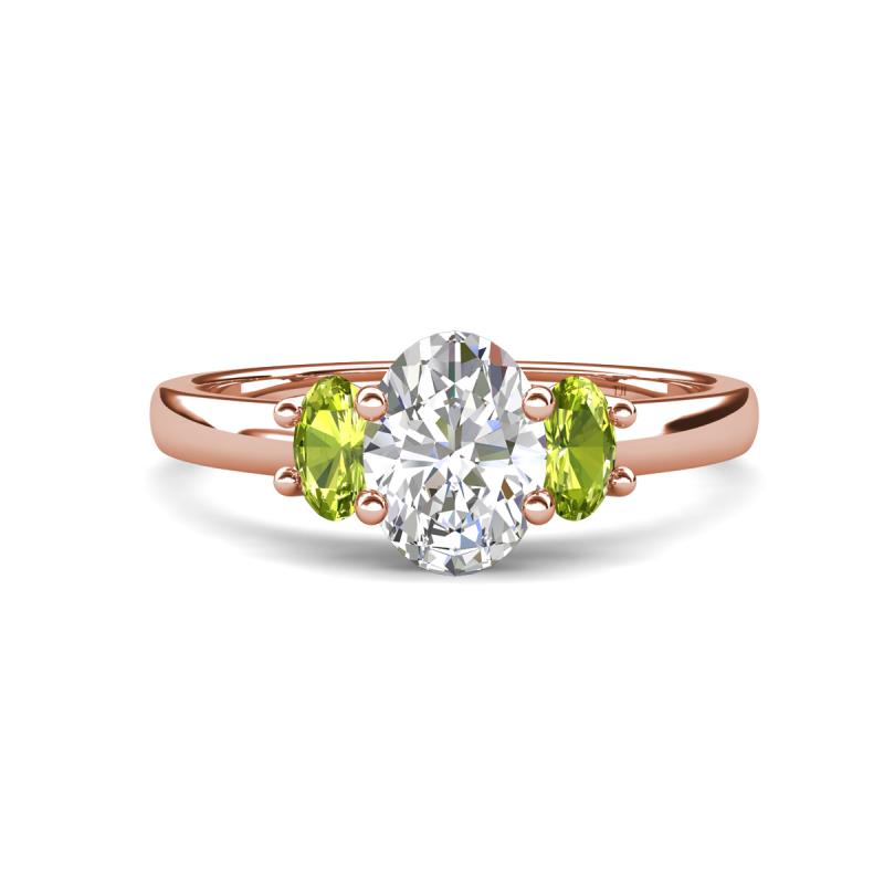 Gemma 8x6 mm Oval Cut GIA Certified Natural Diamond and Peridot Trellis Three Stone Engagement Ring 