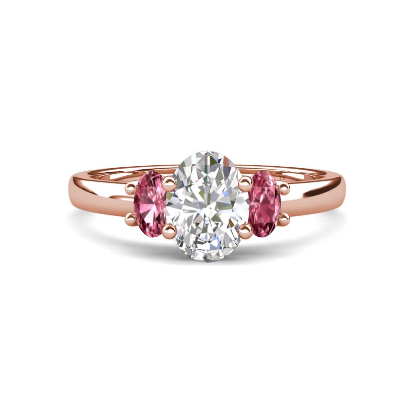 Gemma 8x6 mm Oval Cut GIA Certified Natural Diamond and Pink Tourmaline Trellis Three Stone Engagement Ring 