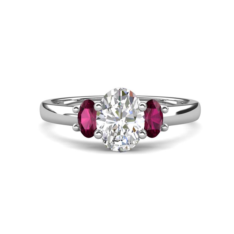 Gemma 8x6 mm Oval Cut GIA Certified Natural Diamond and Rhodolite Garnet Trellis Three Stone Engagement Ring 